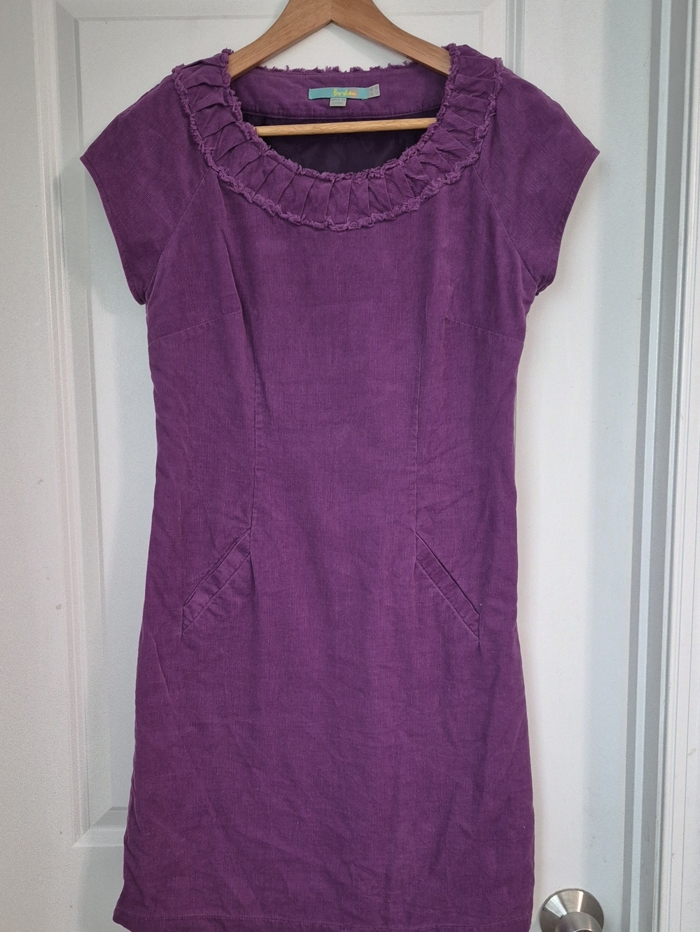 Boden Purple Ruffled-Neck Cuderoy Mini Dress